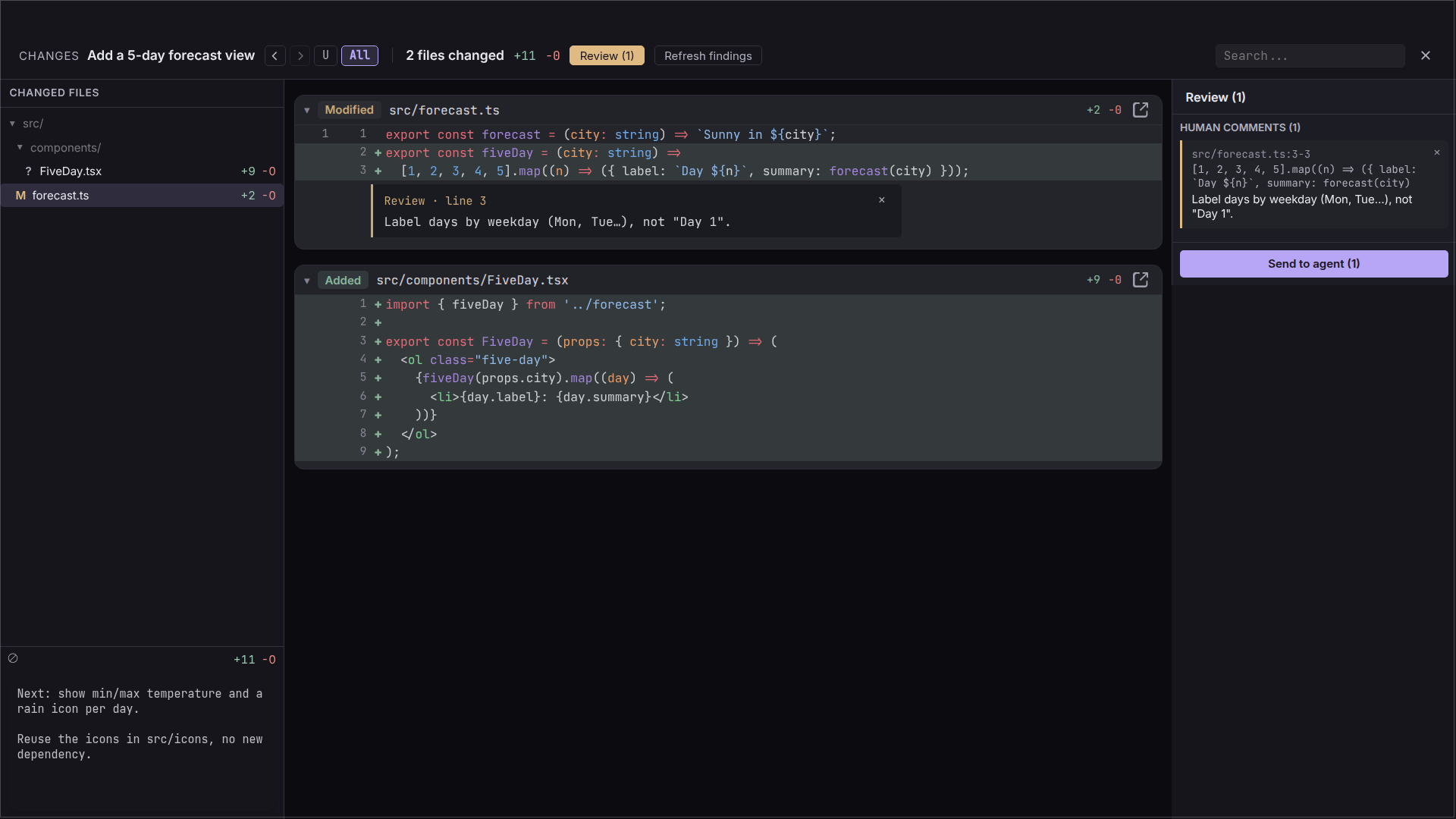 Inline review comments you can send back to the agent
