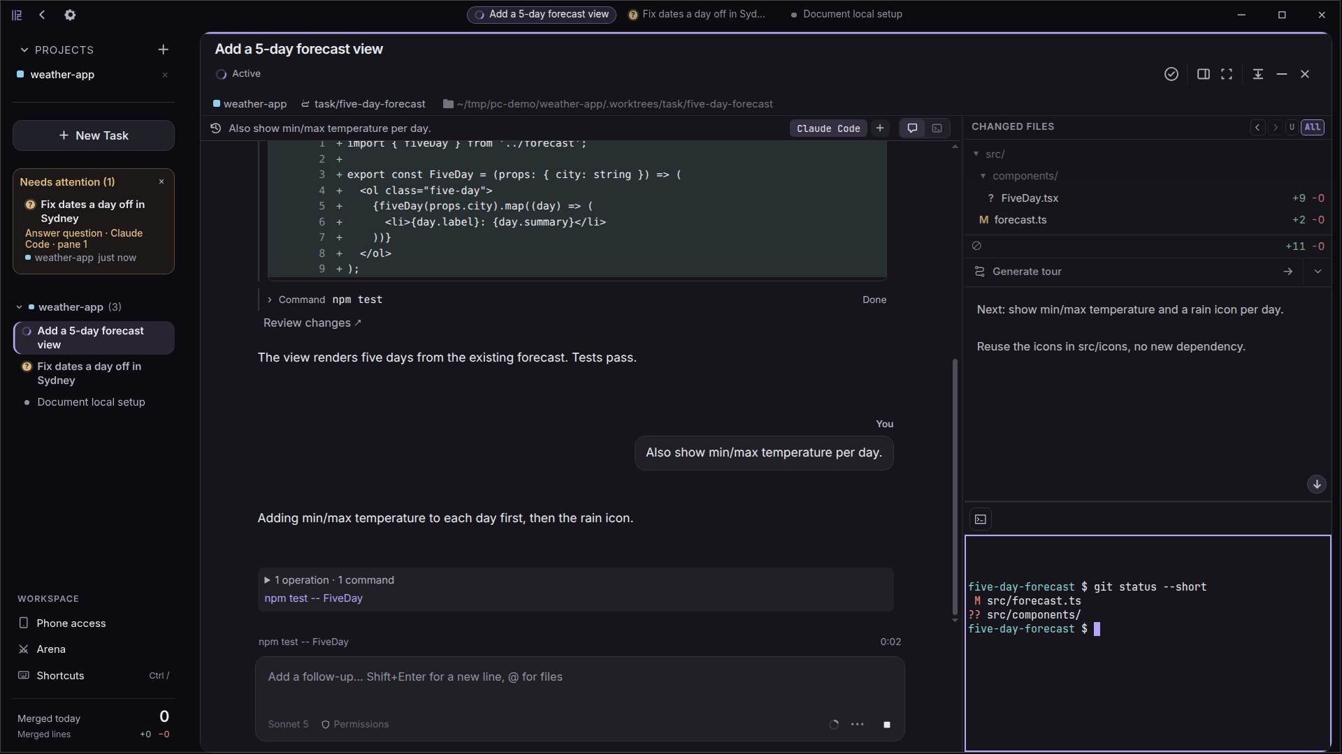 One task in focus with its chat, changed files, notes, and shell