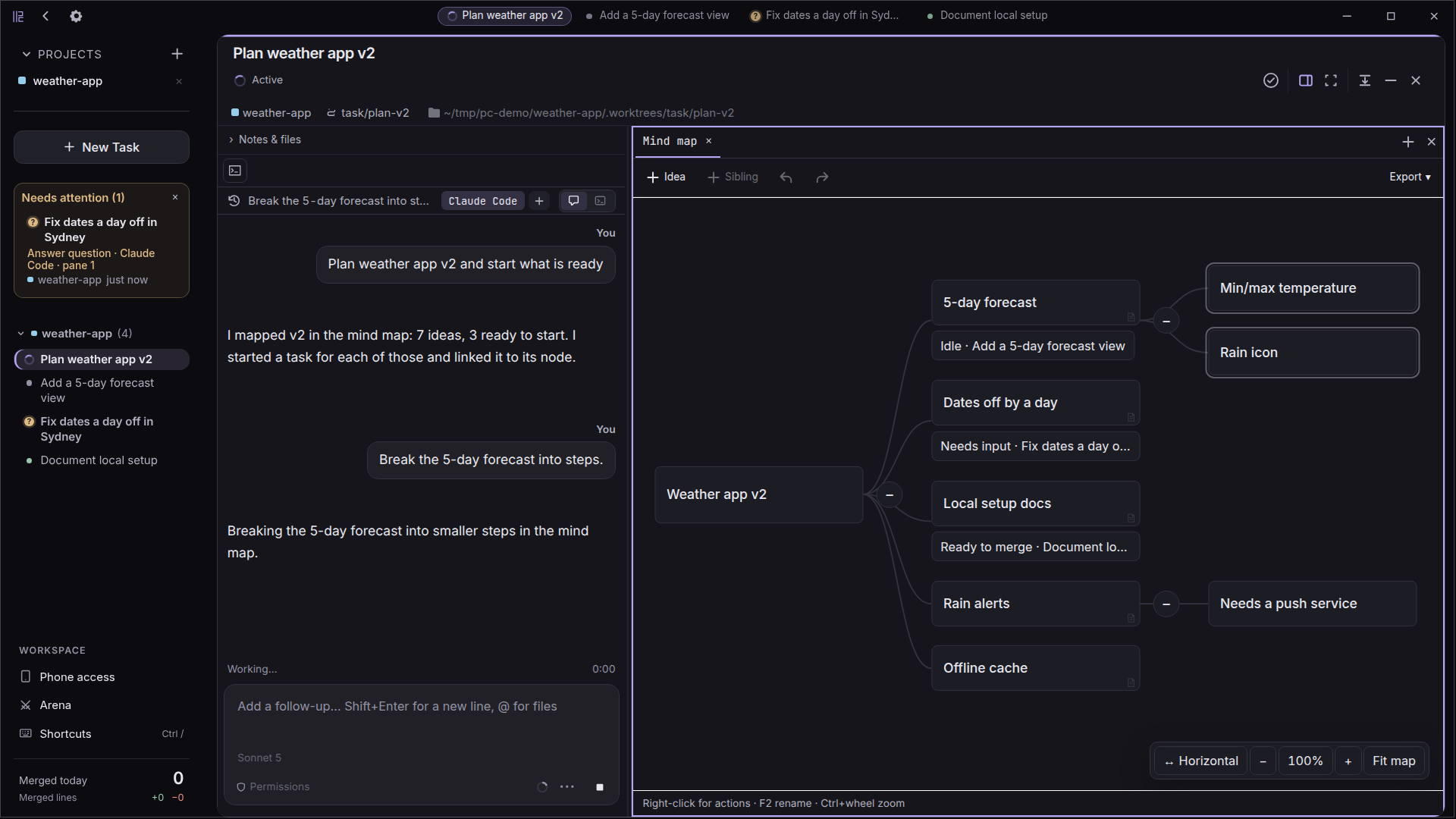 A mind map with branches linked to live tasks