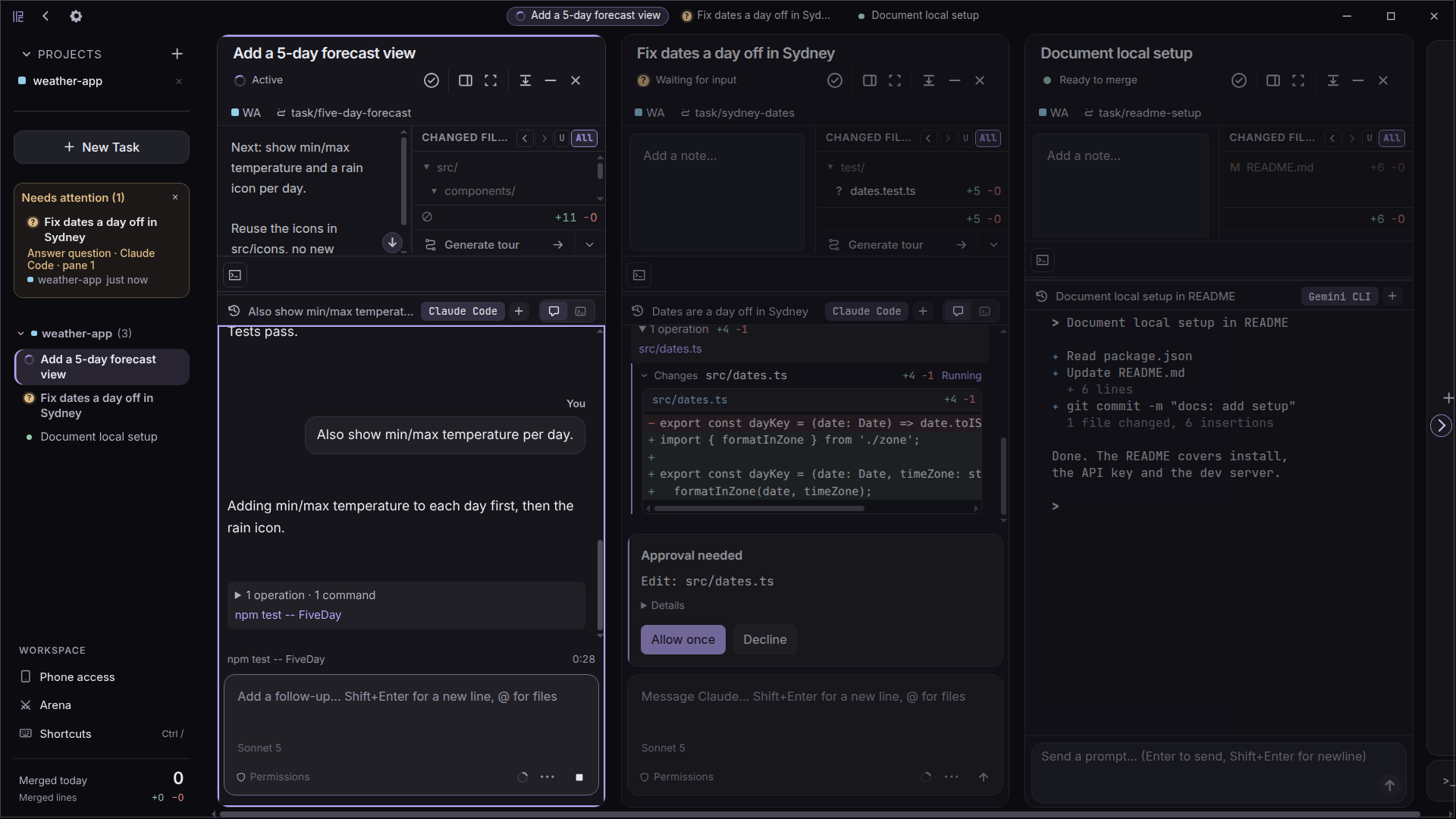 Agents working, waiting for input, and ready to merge